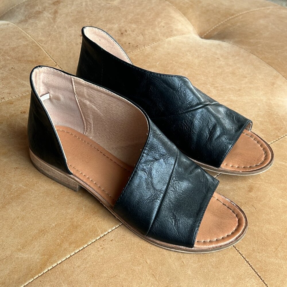 Theorie Black Leather Open-Toe Mules Minimal Modern Vegan Leather Sandal, 6.5